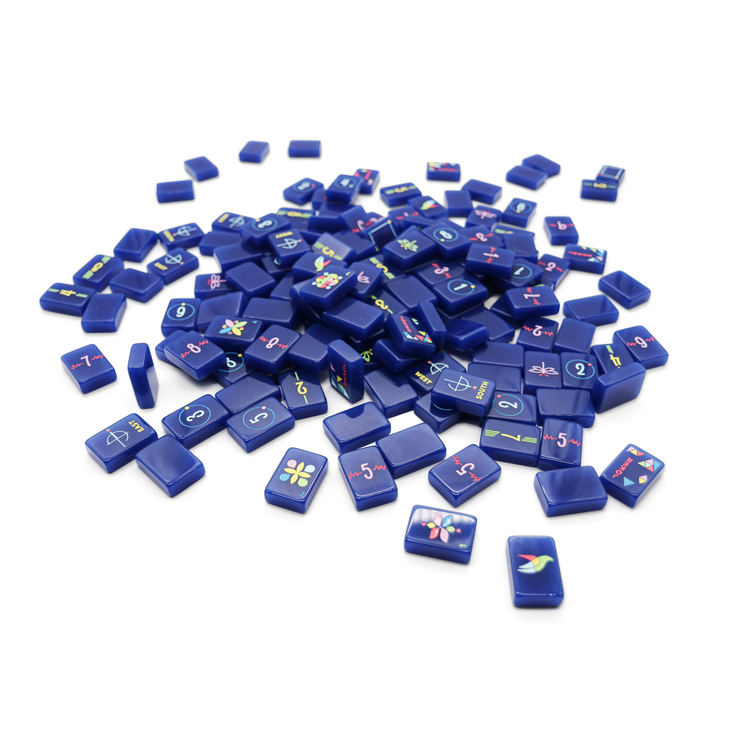 Pile of blue game tiles with various symbols on a white background